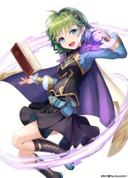 Rule 34 | 1girl, absurdres, belt, belt pouch, black cloak, black skirt, blue eyes, book, boots, cape, cloak, dress, fire emblem, fire emblem: the blazing blade, green hair, hairband, highres, holding, holding book, long sleeves, looking at viewer, magic, nino (fire emblem), nintendo, open mouth, pouch, purple cape, purple hairband, ryo-suzuki, short hair, simple background, skirt, smile, solo