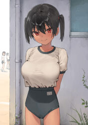 3girls arms_behind_back black_buruma black_hair blush breasts buruma commentary_request dated fang gaki_kyonyuu gym_uniform hair_between_eyes highres kaedeko_(kaedelic) large_breasts looking_at_viewer multiple_girls oppai_loli outdoors red_eyes sasaki_kanna shirt short_hair signature skin_fang solo_focus standing thighs twintails white_shirt