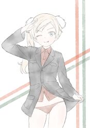 1girl animal_ears black_jacket blonde_hair blue_eyes dog_ears dog_girl dog_tail highres jacket karee@luminous_4th martina_crespi military military_uniform no_pants one_eye_closed panties red_panties red_shirt shirt short_hair simple_background sketch smile solo standing strike_witches:_kurenai_no_majo-tachi tail tongue underwear white_background world_witches_series