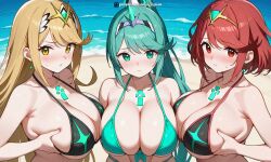 3girls aegis_elysium ai-generated ai_art bad_tag big_breasts bikini blush breasts breasts_squeezed_together cleavage core_crystal day dress earrings elbow_gloves female female_focus gem gloves grabbing_another&#039;s_breast grabbing_breast green_eyes green_hair groping hair_ornament headpiece highres holding holding_breast holding_breasts huge_breasts indoors jewelry large_breasts long_hair looking_at_viewer multiple_girls mythra mythra_(xenoblade) navel nintendo ocean patreon patreon_username pneuma pneuma_(xenoblade) pressing_breasts pyra pyra_(xenoblade) red_eyes sand seaside standing stars swept_bangs swimsuit third-party_edit tiara touching_breast touching_breasts trio_focus very_long_hair water watermark xenoblade_chronicles_(series) xenoblade_chronicles_2 yellow_eyes