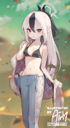 Rule 34 | 1girl, ainy, artist name, bikini, black bikini, black hair, black horns, blue archive, blue pants, breasts, commentary, denim, grey hair, grey halo, halo, highres, horns, jeans, kayoko (blue archive), long hair, looking at viewer, medium breasts, multicolored hair, pants, solo, standing, streaked hair, swimsuit, two-tone hair