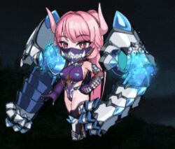 1girl animated animated_gif armor bare_shoulders bouncing_breasts breasts character_name character_profile chibi curvy floating_arms full_body highleg highleg_leotard horns large_breasts leotard lilith-soft long_hair mask mouth_mask nagiriin_ryou official_art pink_hair revealing_clothes shiny_skin simple_background skin_tight standing taimanin_(series) taimanin_rpgx taimanin_suit translation_request wide_hips