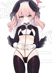 1girl absurdres alternate_costume angel_wings beret bikini black_bikini black_hat black_thighhighs black_wings blue_archive blush breasts closed_mouth feathered_wings hair_between_eyes halo hat head_wings heart heart_hands highres koharu_(blue_archive) kokoa_ufo loli long_hair looking_at_viewer low_twintails low_wings micro_bikini navel pink_eyes pink_hair pink_halo reverse_bunnysuit reverse_outfit simple_background small_breasts solo sweatdrop swimsuit thighhighs thighs twintails white_background wings