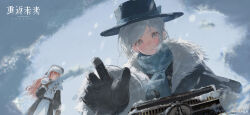 2girls black_coat black_gloves black_hat blue_scarf blue_sky boater_hat brown_coat brown_gloves brown_hat checkered_clothes checkered_scarf coat copyright_name copyright_notice day fur-trimmed_coat fur_trim gloves green_eyes grey_eyes grey_hair hair_bun hand_up hat highres logo long_hair looking_at_viewer multiple_girls official_alternate_costume official_art official_wallpaper orange_hair outstretched_hand parted_lips reverse:1999 scarf short_hair single_side_bun sky snow sonetto_(reverse:1999) typewriter upper_body ushanka vertin_(reverse:1999)