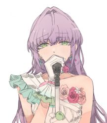 1girl aqua_choker choker collarbone dress earrings flower flower-trimmed_dress flower_choker flower_earrings frilled_dress frilled_gloves frills gloves green_eyes hair_intakes highres holding holding_microphone holding_microphone_stand jewelry junjun_(kimi-la) link!_like!_love_live! long_hair looking_at_viewer love_live! microphone microphone_stand official_alternate_costume otomune_kozue pink_flower pink_rose purple_hair rose sidelocks simple_background single-shoulder_dress single_bare_shoulder solo upper_body virtual_youtuber white_background white_gloves yume_wazurai