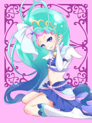 1girl :d bare_legs blue_eyes blue_hair blue_skirt boots bridal_gauntlets crop_top cure_mermaid detached_sleeves earrings go!_princess_precure gradient_hair head_tilt high_heel_boots high_heels highres jewelry knee_boots knees_together_feet_apart long_hair long_sleeves looking_at_viewer midriff miniskirt multicolored_hair navel open_mouth parted_bangs pink_background pleated_skirt precure shell shell_earrings shipu_(gassyumaron) sitting skirt sleeves_past_wrists smile solo stomach very_long_hair wariza white_boots white_sleeves