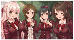 4girls :d ;d ahoge antenna_hair armband black_hair blush border bow bowtie breasts brown_hair chalkboard classroom domyoji_karin doodles glyn070605a half_updo heart highres idolmaster idolmaster_cinderella_girls indoors jacket kohinata_miho large_breasts looking_at_viewer medium_breasts multiple_girls one_eye_closed open_clothes open_jacket open_mouth pink_hair plaid_bow plaid_bowtie plaid_clothes red_armband red_bow red_bowtie saionji_kotoka school_uniform shimamura_uzuki smile upper_body white_border