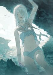1girl a.k.i._(street_fighter) arm_up bandage_over_one_eye bandaged_arm bandaged_leg bandaged_neck bandages collarbone commentary fagi_(kakikaki) hair_over_one_eye highres mole mole_under_mouth navel official_alternate_costume official_alternate_hairstyle red_eyes scenery solo street_fighter street_fighter_6 swimsuit white_hair