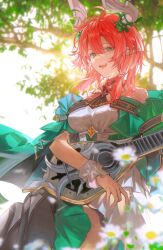 1girl absurdres bare_shoulders blurry blurry_background breasts ciaccona_(wuthering_waves) commentary crossed_legs dress green_eyes green_jacket highres hikaku_(siyrgr) holding holding_instrument instrument jacket looking_at_viewer medium_breasts medium_hair mole mole_under_eye multiple_moles open_mouth outdoors pointy_ears red_hair sitting smile solo tacet_mark_(wuthering_waves) thighs tree tree_horns white_dress wuthering_waves yellow_pupils