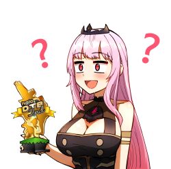 1girl :d ? bare_shoulders black_dress black_tiara blush breasts collarbone ddolbang dress highres holding holding_trophy hololive hololive_english large_breasts mori_calliope mori_calliope_(1st_costume) open_mouth pink_hair red_eyes smile tiara transparent_background trophy upper_body virtual_youtuber