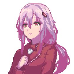 1girl coat guilty_crown hair_between_eyes hair_ornament hair_tubes hairclip iunelim long_hair official_alternate_costume pink_hair pixel_art portrait red_coat red_eyes simple_background solo twintails white_background yuzuriha_inori