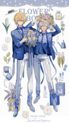 2boys absurdres blonde_hair blue_eyes blue_flower blue_jacket blue_necktie blue_rose blue_shirt blue_vest blush book bookmark bottle commentary daisy embarrassed english_commentary english_text flower full_body gift gloves grey_hair hat hat_flower hat_ribbon highres holding holding_unworn_clothes holding_unworn_hat jacket lily_of_the_valley long_sleeves looking_at_viewer looking_to_the_side male_focus multiple_boys nana_tetra necktie one_eye_closed open_mouth original pants parted_lips perfume_bottle pink_flower pink_rose ribbon rose shirt short_hair smile striped_clothes striped_shirt sun_hat tulip unworn_hat unworn_headwear vest white_background white_flower white_footwear white_gloves white_pants white_rose white_shirt white_tulip yellow_eyes