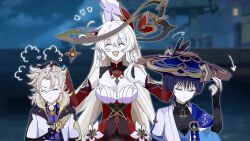 1girl 2boys ahoge albedo_(genshin_impact) alice_(genshin_impact) anemo_symbol_(genshin_impact) armor arms_at_sides belt black_belt black_bodysuit black_bridal_gauntlets black_collar black_gloves black_hood blonde_hair blue_cape blue_gemstone blue_hat blue_kimono blue_sleeves blunt_ends blurry blurry_background bodysuit breasts bridal_gauntlets brown_gemstone cape cleavage closed_eyes closed_mouth coat collar curtained_hair d_t3497win detached_collar detached_sleeves dress eyelashes eyeliner eyeshadow facing_viewer feather_hair_ornament feathers forehead game_screenshot_background gem genshin_impact geo_symbol_(genshin_impact) gloves gold gold_halo gold_ring hair_between_eyes hair_ornament hand_up hat hat_tip headpat high_collar highres hood hood_down hooded_coat japanese_armor japanese_clothes jingasa juban kimono kote kurokote layered_sleeves long_hair makeup mandarin_collar medium_breasts middle_ring multiple_boys night night_sky notice_lines open_clothes open_kimono open_mouth pale_skin pointy_ears pom_pom_(clothes) port purple_collar purple_hair purple_rope purple_undershirt pyro_symbol_(genshin_impact) red_dress red_eyeliner red_eyeshadow red_gemstone red_sleeves rope scaramouche_(genshin_impact) screenshot_background short_sleeves shoulder_peek sidelocks sky strapless strapless_dress tilted_headwear underbust vision_(genshin_impact) wanderer_(genshin_impact) white_coat white_kimono white_sleeves white_trim wispy_bangs yellow_feathers