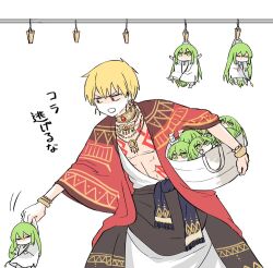 1boy 6+others bag blonde_hair bracelet carrying carrying_person chibi clothes_pin coat commentary_request earrings enkidu_(fate) fate/strange_fake fate_(series) gilgamesh_(fate) green_eyes green_hair himeko_(nico6v6pachi) holding holding_bag jewelry male_focus multiple_necklaces multiple_others multiple_persona red_coat red_eyes robe translation_request white_robe