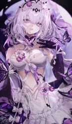 1girl absurdres asymmetrical_gloves bare_shoulders black_tiara bug butterfly butterfly_on_hand butterfly_ornament castorice_(honkai:_star_rail) dress elbow_gloves flower gloves gmpoo93 hair_flower hair_ornament highres honkai:_star_rail honkai_(series) insect long_hair looking_at_viewer pointy_ears purple_butterfly purple_eyes purple_gloves purple_hair solo tiara uneven_gloves very_long_hair white_dress