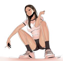 1girl beautiful_gunbari black_shorts breasts brown_eyes brown_hair cigarette commission full_body hand_up highres holding holding_cigarette la_si-hyeon long_hair medium_breasts pyojunbe shirt short_shorts short_sleeves shorts squatting white_shirt white_sneakers