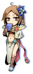 1girl ahoge bikini bikini_top_only book boots breasts brown_bikini brown_boots brown_eyes brown_gloves brown_hair capelet closed_mouth commentary_request expressionless fingerless_gloves full_body gloves holding holding_book lowres navel pinwheel_hair_ornament ragnarok_online sage_(ragnarok_online) short_hair simple_background skirt small_breasts solo striped_capelet swimsuit white_background white_capelet white_skirt yuru4u