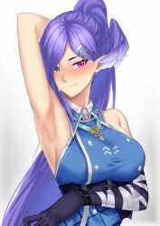1girl absurdres arm_under_breasts armpits asymmetrical_arms bandaged_arm bandages bare_shoulders belt blue_dress blue_eyes blush breasts coat collared_dress dragon_girl dress drunktatsu fang hair_ornament hairclip halter_shirt halterneck head_wings heterochromia highres large_breasts long_hair looking_at_viewer military_coat nijisanji nijisanji_en nose_blush official_alternate_costume pointy_ears ponytail presenting_armpit purple_belt purple_eyes purple_hair purple_wings selen_tatsuki selen_tatsuki_(2nd_costume) simple_background skin_fang sleeveless smile solo sweat upper_body virtual_youtuber white_background wings