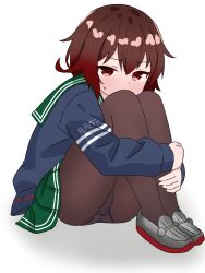 1girl blue_jacket blue_panties blush brown_eyes brown_hair brown_pantyhose clothes_writing crotch_seam embarrassed green_skirt grey_shoes highres hugging_own_legs jacket kantai_collection long_sleeves looking_at_viewer matsu_(pixiv_115467950) mutsuki_(kancolle) open_clothes open_jacket panties panties_under_pantyhose pantyhose school_uniform serafuku shoes short_hair sitting skirt sweat underwear white_background