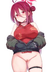 1girl ahoge bandaid bandaid_on_pussy bare_shoulders blue_archive blush breasts cai_geng china_dress chinese_clothes choker closed_mouth collarbone dress grey_jacket hair_between_eyes hair_bun halo hands_in_pockets highres jacket large_breasts long_hair long_sleeves looking_at_viewer mole mole_on_thigh mole_under_eye no_panties off_shoulder open_clothes open_jacket pasties pelvic_curtain red_dress red_eyes red_hair reijo_(blue_archive) short_dress side_slit single_hair_bun single_side_bun solo thigh_strap thighs