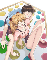 Rule 34 | 1boy, 1girl, breasts, brown hair, closed eyes, feet, grin, hand on another&#039;s head, happy, ikari shinji, legs, leotard, long hair, medium breasts, neon genesis evangelion, open mouth, orange hair, shirt, sitting, smile, souryuu asuka langley, spread legs, teeth, thighs, twintails, twister