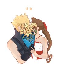 1boy 1girl aerith_gainsborough bare_arms bare_shoulders black_gloves blonde_hair bouquet braid braided_ponytail breasts brown_hair chest_strap cloud_strife collarbone couple covering_face cropped_torso dress final_fantasy final_fantasy_vii final_fantasy_vii_advent_children flower gloves grey_vest hair_ribbon hetero highres holding holding_bouquet holding_hands kingdom_hearts kingdom_hearts_ii lily_(flower) long_hair medium_breasts parted_bangs popped_collar red_dress red_ribbon ribbon short_hair single_braid sleeveless sleeveless_dress spiked_hair two-tone_dress vanekairi vest white_background white_dress yellow_flower