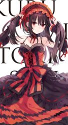 1girl bare_shoulders black_choker black_dress black_hair black_sleeves blush bow breasts character_name choker closed_mouth collarbone date_a_live detached_sleeves dress dress_bow frilled_choker frilled_hairband frilled_sleeves frills frown hair_between_eyes hairband hands_up highres holding holding_own_hair large_breasts lolita_fashion lolita_hairband long_hair long_sleeves looking_at_viewer majutsu_tantei_tokisaki_kurumi_no_jikenbo neck_ribbon official_art red_bow red_dress red_eyes red_hairband red_ribbon ribbon sleeveless sleeveless_dress solo spaghetti_strap tokisaki_kurumi tsunako two-tone_dress white_background