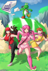3girls assentlov blue_eyes borrowed_design breasts brown_hair donkey_kong_(series) dust earrings egg giant_egg golf_club grass grin hat headphones jewelry leggings lipstick long_hair makeup mario_(series) mario_golf mario_golf:_super_rush midriff multiple_girls nintendo original pauline_(mario) pink_hair princess_daisy running scarf short_hair shorts smile tail worried yoshi yoshi_egg