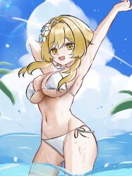 Rule 34 | 1girl, alternate costume, arms up, bikini, blonde hair, blue sky, breasts, cloud, cloudy sky, commentary, cowboy shot, flower, genshin impact, hair focus, highres, ikurumidwd, large breasts, lumine (genshin impact), navel, open mouth, short hair with long locks, side-tie bikini bottom, sky, smile, solo, standing, stomach, string bikini, swimsuit, symbol-only commentary, wading, water, wet, white bikini, white flower, yellow eyes