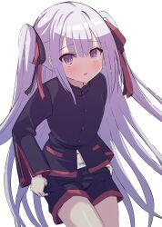 1girl black_shirt black_shorts blush character_request commentary_request engage_kiss hair_ribbon highres long_hair long_sleeves looking_at_viewer panties purple_eyes purple_hair ribbon shirt shorts simple_background solo two_side_up underwear undressing very_long_hair white_background white_panties yozakura_souki