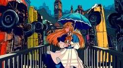 1girl artdroiiid_ii belt blonde_hair blue_belt blue_bow blue_dress blue_sky blue_umbrella bow building car clock clock_tower closed_mouth collared_dress commentary cowboy_shot day dress english_commentary expressionless fence floating_hair hair_bow highres holding holding_umbrella iron_fence layered_dress long_sleeves motor_vehicle multicolored_dress neck_ribbon original outdoors parasol ribbon sky solo standing straight-on straight_hair sunlight tower tree turning_head umbrella white_dress yellow_eyes yellow_ribbon