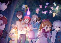 4boys 5girls absurdres ahoge animal_ears bare_arms bare_legs bare_shoulders black_gloves black_hair blonde_hair blunt_bangs blush brown_hair curly_hair daifuku_(precure) denim dress excited fairy gaogaohn ghost glasses gloves grabbing_another&#039;s_arm grey_hair hair_ornament hair_ribbon hair_tie hairpin hand_on_another&#039;s_arm hand_on_another&#039;s_head headpat heart_pin heart_pockets hiding highres hitodama holding holding_stick holding_torch hood hoodie inukai_iroha inukai_komugi jeans jewelry kimodameshi kotochi_re long_skirt long_sleeves mature_female mature_male medium_hair mehmeh_(wonderful_precure!) multiple_boys multiple_girls necklace necktie nekoyashiki_mayu nekoyashiki_yuki nervous nervous_sweating night orange_hair pants parted_bangs peeking ponytail precure rabbit_ears red_hair ribbon scared short_dress short_hair short_sleeves side_ponytail sideways_face sitting_on_branch skirt stick stuffed_animal stuffed_toy suspenders sweat torame_(precure) torch toyama_satoru tree very_short_hair watermark wonderful_precure! zakuro_(precure)