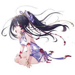 1girl annindoufu_(oicon) bare_shoulders black_hair bow breasts commentary_request dress earrings floating_hair full_body hair_bow jewelry long_hair looking_at_viewer medium_breasts original ponytail purple_eyes short_dress simple_background sitting sleeveless sleeveless_dress smile solo tassel tassel_earrings very_long_hair white_background