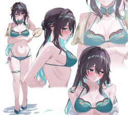 1girl absurdres aqua_bikini aqua_eyes aqua_hair bikini black_hair blush breasts detached_collar hair_ornament hand_fan highres holding holding_fan honkai:_star_rail honkai_(series) jewelry long_hair looking_at_viewer medium_breasts miya-chan_(lightning0730) multi-strapped_bikini_bottom multicolored_hair multiple_expressions multiple_views navel necklace paper_fan pearl_necklace ribs ruan_mei_(honkai:_star_rail) streaked_hair swimsuit thigh_strap uchiwa