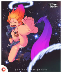 1girl artist_name barefoot blue_scarf blue_shorts blue_socks border bracelet closed_eyes feet female_focus flat_chest floating full_body gradient_hair jewelry laughing league_of_legends long_hair motion_lines multicolored_hair navel necklace nipples nude open_mouth orange_hair patreon_logo patreon_username peeing phinci portal_(object) portal_(series) portal_1 prehensile_hair purple_hair pussy scarf shorts signature single_sock sky smile sock_removed socks soles solo space spread_legs star_(sky) starry_sky tears teeth tickling tickling_feet toes uncensored unworn_shorts watermark web_address white_border zoe_(league_of_legends)