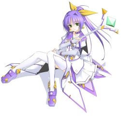 1girl angelan elf female_focus green_eyes hair_ribbon healer personification pointy_ears ponytail purple_hair ribbon rokuwata_tomoe simple_background skirt solo staff thighhighs virtual_on white_thighhighs