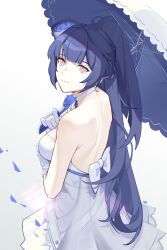 1girl absurdres back_bow bare_back bare_shoulders blue_flower blue_hair blunt_bangs bow breasts choker closed_mouth commentary dress flower gloves grey_eyes hair_focus hair_ornament hands_up highres holding holding_umbrella honkai_(series) honkai_impact_3rd lamser large_breasts long_hair looking_at_viewer looking_back pedal ponytail raiden_mei raiden_mei_(valkyrie_bladestrike) simple_background smile solo standing strapless strapless_dress umbrella upper_body white_background white_bow white_choker white_dress white_gloves white_umbrella