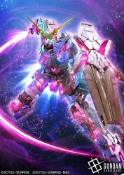 Rule 34 | artist request, battle, blue eyes, copyright notice, energy field, energy sword, exposed internal machinery, glowing, glowing eyes, gundam, gundam card game, gundam unicorn, logo, machinery, mecha, mecha focus, mobile suit, nebula, no humans, official art, realistic, robot, scene reference, science fiction, shield, space, star (sky), sunrise (company), sword, title, unicorn gundam, v-fin, weapon, zero gravity