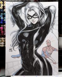 1boy 1girl adjusting_hair arms_up art_tools_in_frame black_cat_(marvel) bodysuit covered_abs domino_mask highres looking_at_viewer marker_(medium) marvel mask ponytail portrait_(object) silk smile spider-man spider-man_(2018_game) spider-man_(series) spider_web spider_web_print stanley_lau traditional_media white_hair