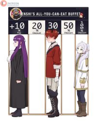 2boys 2girls absurdres bandaged_arm bandages black_boots black_hair boots breasts brown_boots capelet closed_eyes closed_mouth commentary dismaiden dungeon_meshi earrings elf english_commentary english_text fern_(sousou_no_frieren) frieren from_side green_eyes hair_ornament highres inconvenient_breasts jacket jewelry large_breasts long_hair long_sleeves multicolored_hair multiple_boys multiple_girls pants pantyhose parted_bangs patreon_logo patreon_username pointy_ears pout purple_hair red_hair red_jacket senshi_(dungeon_meshi) shaded_face shirt short_hair skirt sousou_no_frieren standing stark_(sousou_no_frieren) streaked_hair striped_clothes striped_shirt thick_eyebrows twintails wavy_mouth white_capelet white_skirt