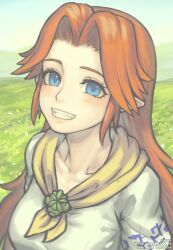 1girl blue_eyes brown_hair collarbone commentary eyelashes gofelem grass grin hair_intakes long_hair looking_at_viewer malon nintendo outdoors smile solo teeth the_legend_of_zelda the_legend_of_zelda:_ocarina_of_time
