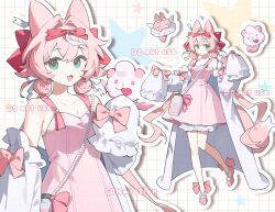 Rule 34 | 1girl, ame ame, animal ears, aqua eyes, breasts, cleavage, coat, collarbone, commission, creature, english text, full body, hair ribbon, highres, long hair, looking at viewer, open mouth, original, parted lips, pink hair, pink ribbon, pink shoes, pink tail, ribbon, shoes, sleeves past fingers, sleeves past wrists, small breasts, smile, solo, standing, standing on one leg, upper body, watermark, white coat