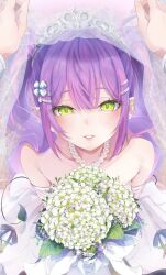 1boy 1girl bare_shoulders bouquet collarbone dress flower from_above green_eyes highres holding holding_bouquet hololive knr_rer long_hair looking_at_viewer pov purple_hair solo_focus strapless strapless_dress tokoyami_towa twintails veil virtual_youtuber wedding_dress white_dress