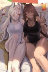 2girls 777_(nikke) absurdres animal_ear_headwear animal_ears black_one-piece_swimsuit blanc_(nikke) blush breasts brown_hair cleavage covered_navel dark-skinned_female dark_skin fake_animal_ears goddess_of_victory:_nikke highres large_breasts long_hair looking_at_viewer multiple_girls noir_(nikke) one-piece_swimsuit one_eye_closed open_mouth rabbit_ears smile swimsuit two-tone_swimsuit very_long_hair white_hair white_one-piece_swimsuit yellow_eyes zukululuu