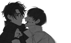 Rule 34 | 2boys, absurdres, black coat, black eyes, black hair, blood on mouth, clothes grab, coat, curtained hair, fangs, from side, greyscale, grin, highres, kim dokja, looking at another, looking at viewer, monochrome, multiple boys, omniscient reader&#039;s viewpoint, open mouth, pulling another&#039;s clothes, short hair, smile, tack ka 2 0, upper body, white background, white coat, yoo joonghyuk