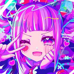 Rule 34 | 1girl, blunt bangs, facial mark, fire emblem, fire emblem engage, folded twintails, fur wrist cuffs, hair flaps, hair rings, heart, heart facial mark, highres, hortensia (fire emblem), looking at viewer, multicolored hair, multicolored tiara, nintendo, open mouth, pink eyes, pink hair, sidelocks, smile, solo, two-tone hair, u fe, wrist cuffs
