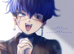 1boy blue_eyes blue_hair blush earrings eyepatch face_piercing hands_up japanese_clothes jewelry lip_piercing looking_at_viewer matching_hair/eyes multicolored_hair omokage_yugamu one_eye_covered piercing solo teeth the_hundred_line_-last_defense_academy- tongue upper_teeth_only