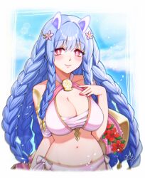 1girl bare_shoulders bikini blue_hair blush body_markings braid breasts cleavage closed_mouth cornucopia fire_emblem fire_emblem_heroes flower hair_flower hair_ornament heidrun_(fire_emblem) heidrun_(summer)_(fire_emblem) highres large_breasts long_hair looking_at_viewer navel nintendo official_alternate_costume queenofdelight red_eyes smile solo stomach swimsuit very_long_hair white_bikini