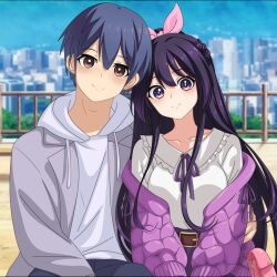 1boy 1girl blue_hair brown_eyes city date_a_live itsuka_shido jacket jacket_on_shoulders long_hair looking_at_viewer purple_eyes purple_hair ribbon shirt short_hair sitting sitting_on_person yato_hebi yatogami_tohka