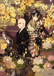 2boys bald black_gloves black_hair black_kimono black_leggings branch brown_kimono brown_sandals checkered_haori closed_mouth commentary_request earrings flower gloves haori highres horns in_tree japanese_clothes jewelry kimono leggings long_sleeves lotus male_focus matsunaka_hiro mismatched_earrings mole mole_under_eye multiple_boys multiple_moles original pointy_ears sandals short_hair sitting sitting_in_tree toeless_legwear tree yellow_flower